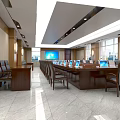 Modern Conference Room Interior With Long Table Laptops Chairs Large Screen And Windows 3d model