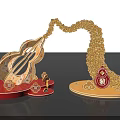 Gourd Shaped Floral Display With Golden Flowing Design Red Base Fu Character And Auspicious Clouds