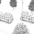 Vintage Vans In Orange Brown And Blue Colors Driving On Road With Trees