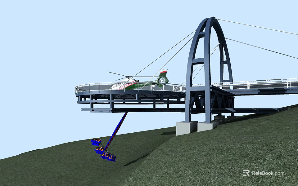 Scenic Blue Arch Bridge With Helicopter On Platform Over Green Hillside 3d model 