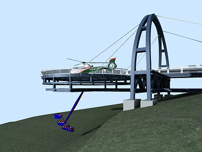 Scenic Blue Arch Bridge With Helicopter On Platform Over Green Hillside 3d model