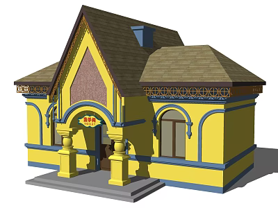 Yellow Vintage Building Exterior Featuring Brown Gabled Roof Decorative Railings And Arched Doorway 3d model