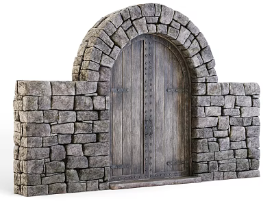 Classic Stone Wall With Arched Wooden Door And Rustic Design Elements 3d model