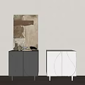 Modern Gray And White Console Cabinet With Curved Design Decorative Vase Plant On Wooden Floor