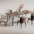 Modern Dining Table Set With Upholstered Chairs Tableware And Flower Arrangement 3d model