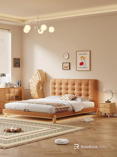 Cozy Modern Double Bed With Brown Tufted Headboard Wooden Frame Nightstand Lamp And Wall Decor 3d model 