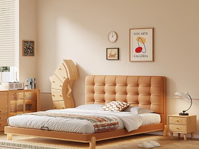 Cozy Modern Double Bed With Brown Tufted Headboard Wooden Frame Nightstand Lamp And Wall Decor 3d model