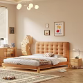 Cozy Modern Double Bed With Brown Tufted Headboard Wooden Frame Nightstand Lamp And Wall Decor
