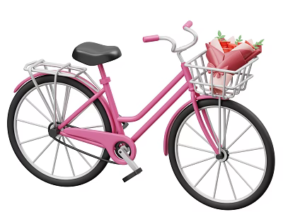 Pink Bicycle With Front Basket Carrying Bouquet Of Fresh Colorful Flowers 3d model