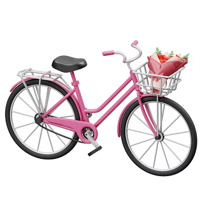 Pink Bicycle With Front Basket Carrying Bouquet Of Fresh Colorful Flowers 3d model