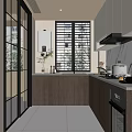 Modern Kitchen Interior With Light Wood Cabinets Shutter Window And Countertop Appliances