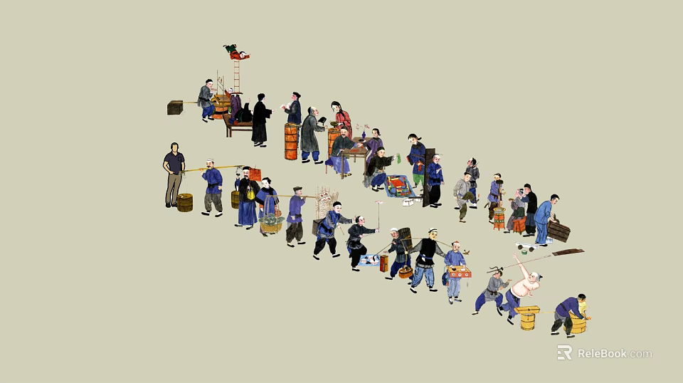 Many People in Traditional Clothing Carrying Baskets and Trading Goods 3d model 