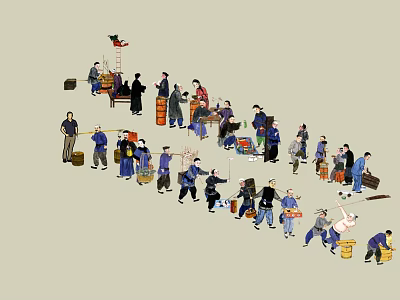 Many People in Traditional Clothing Carrying Baskets and Trading Goods 3d model