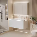 Modern Bathroom Interior With Lighted Cabinet White Vanity Toilet And Green Plants