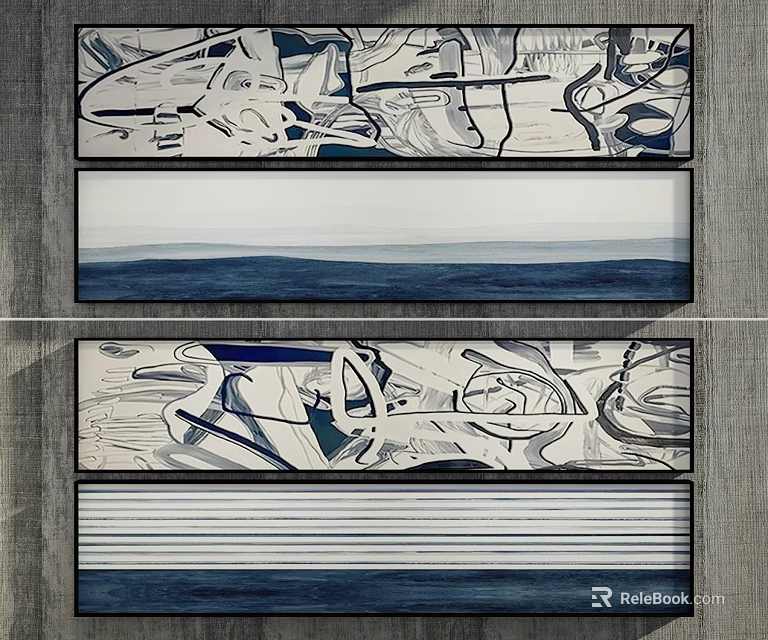 Abstract Paintings With Blue White Gray Tones Geometric Lines And Wavy Patterns For Modern Interior 3d model 