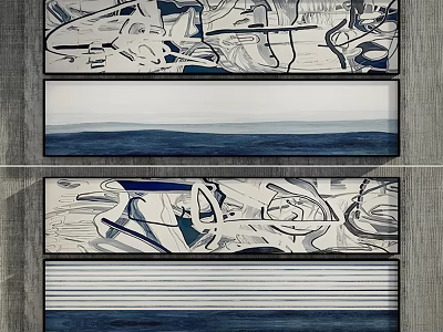 Abstract Paintings With Blue White Gray Tones Geometric Lines And Wavy Patterns For Modern Interior 3d model