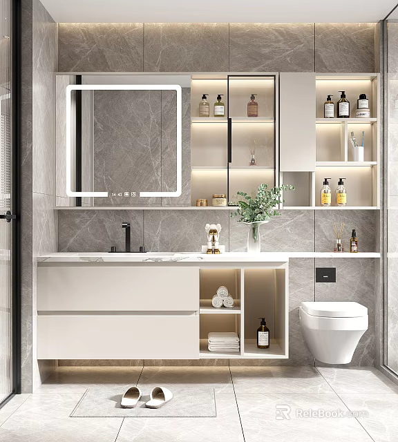 Modern Bathroom Vanity Cabinet With Marble Wall Open Shelves Mirror Plants And Toiletries 3d model 