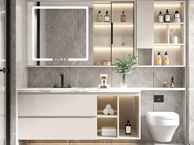 Modern Bathroom Vanity Cabinet With Marble Wall Open Shelves Mirror Plants And Toiletries 3d model