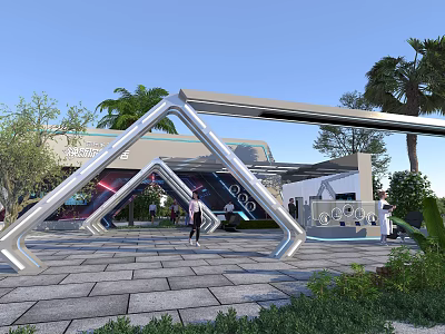 Modern Architectural Entrance With Geometric Metal Frame Palm Trees Greenery And Pedestrians 3d model