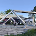 Modern Architectural Entrance With Geometric Metal Frame Palm Trees Greenery And Pedestrians