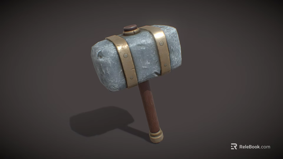 Medieval War Hammer With Gray Stone Head Gold Metal Bands And Wooden Handle 3d model 
