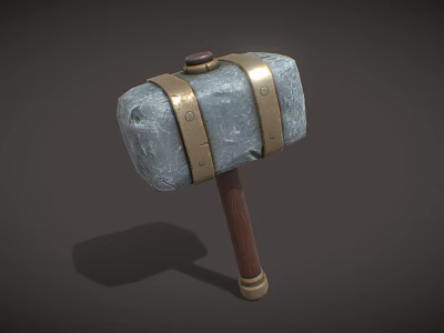 Medieval War Hammer With Gray Stone Head Gold Metal Bands And Wooden Handle 3d model