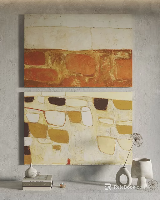 Abstract Paintings Wall Decor with Geometric Patterns and Orange Yellow Beige Tones 3d model
