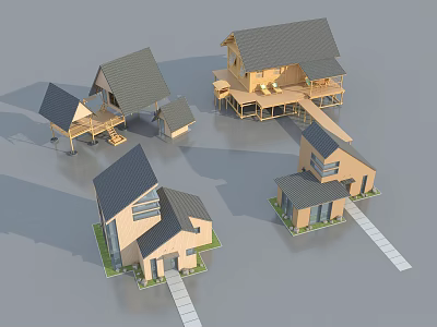 Various Designed Homestay Buildings With Wooden Structure Sloped Roofs And Terrace Pathway 3d model
