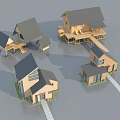 Various Designed Homestay Buildings With Wooden Structure Sloped Roofs And Terrace Pathway