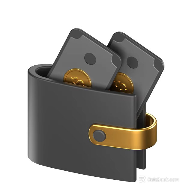 Black Wallet Decorative Ornament Set With Golden Buckle Gray Cards And Golden Coins 3d model 
