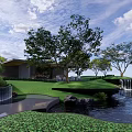 Serene Garden Landscape With Pond Lily Pads Waterfalls Trees And Modern Building