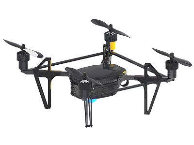 Black Quadcopter Drone With Four Propellers Yellow Accents And Landing Gear 3d model