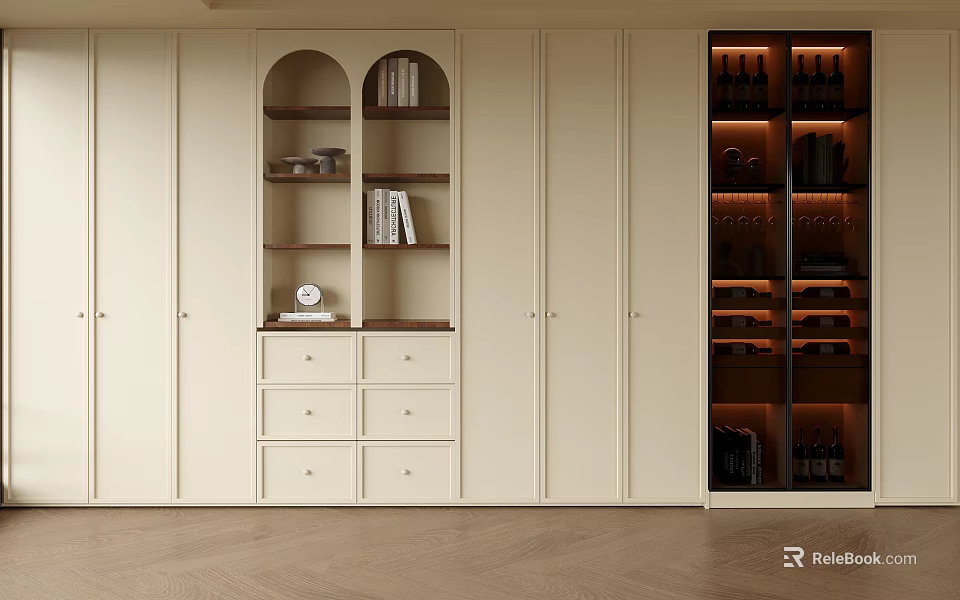Modern Cream Colored Bookcase With Arched Shelves Drawers And Glass Door Wine Storage 3d model 