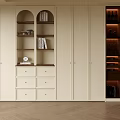 Modern Cream Colored Bookcase With Arched Shelves Drawers And Glass Door Wine Storage