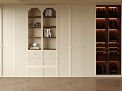 Modern Cream Colored Bookcase With Arched Shelves Drawers And Glass Door Wine Storage 3d model
