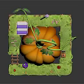 Whimsical Cottage Building With Purple Roof Giant Pumpkin Winding Vines And Ladder Path