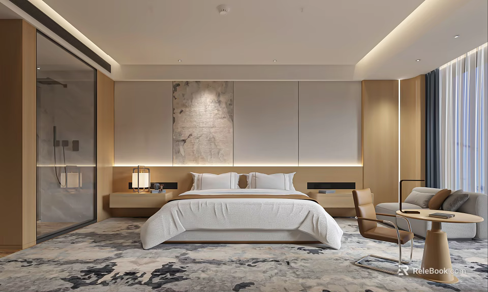 Modern Hotel Room Interior With Comfortable Bed Nightstands Stylish Lamps And Carpet 3d model 