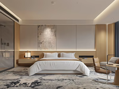 Modern Hotel Room Interior With Comfortable Bed Nightstands Stylish Lamps And Carpet 3d model