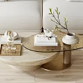 Modern Coffee Table With Glass Top Marble Base Gold Stand And Decorative Vase Branches Books