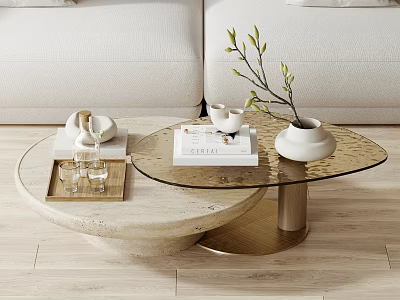 Modern Coffee Table With Glass Top Marble Base Gold Stand And Decorative Vase Branches Books 3d model