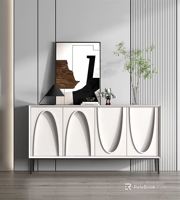 Modern White Entryway Cabinet With Arched Doors Mirror Plant Vase And Books 3d model 