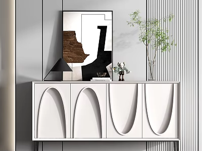 Modern White Entryway Cabinet With Arched Doors Mirror Plant Vase And Books 3d model