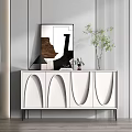 Modern White Entryway Cabinet With Arched Doors Mirror Plant Vase And Books