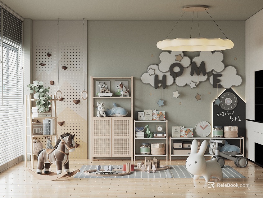 Modern Kids Playroom With Toys Shelves And Cloud Decor 3d model 