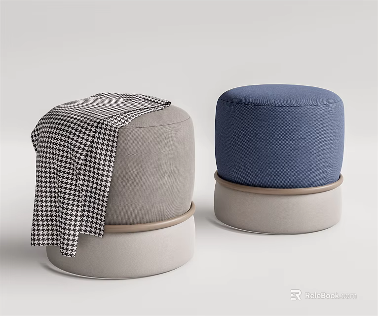 Stylish Gray and Blue Fabric Ottomans with Checkered Blanket and Light Colored Base 3d model 