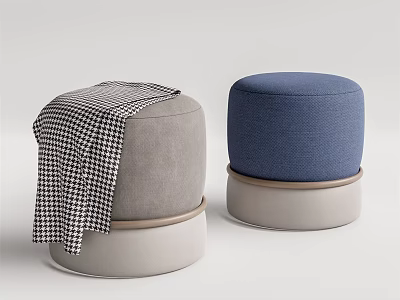Stylish Gray and Blue Fabric Ottomans with Checkered Blanket and Light Colored Base 3d model