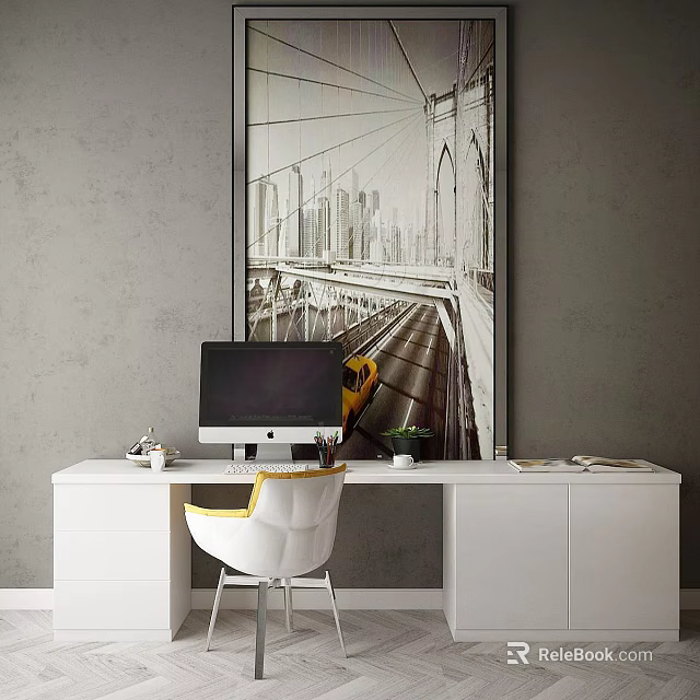 Modern Office Desk Setup With Computer Yellow White Chair And Black White City Bridge Art 3d model 