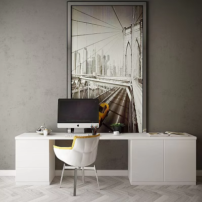 Modern Office Desk Setup With Computer Yellow White Chair And Black White City Bridge Art 3d model