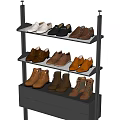Various Style Shoes Organized on Three Tiered Gray Shoe Rack with Drawer
