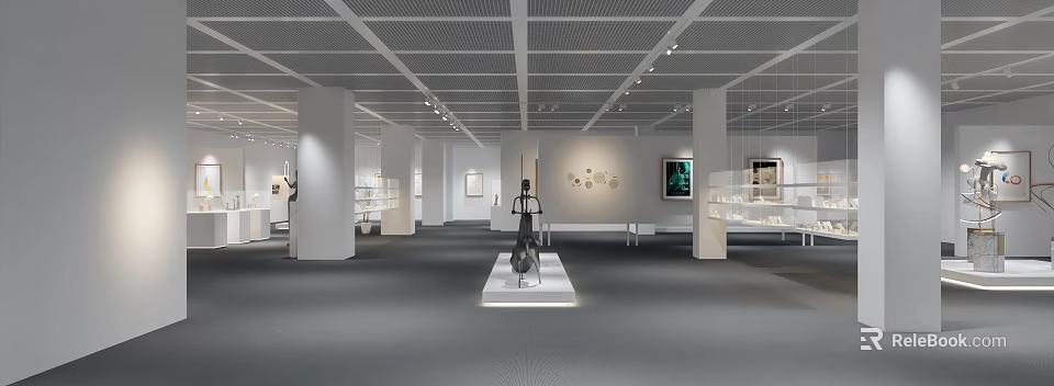 Art Exhibition Hall Interior With White Columns Grid Ceiling And Central Sculpture 3d model 